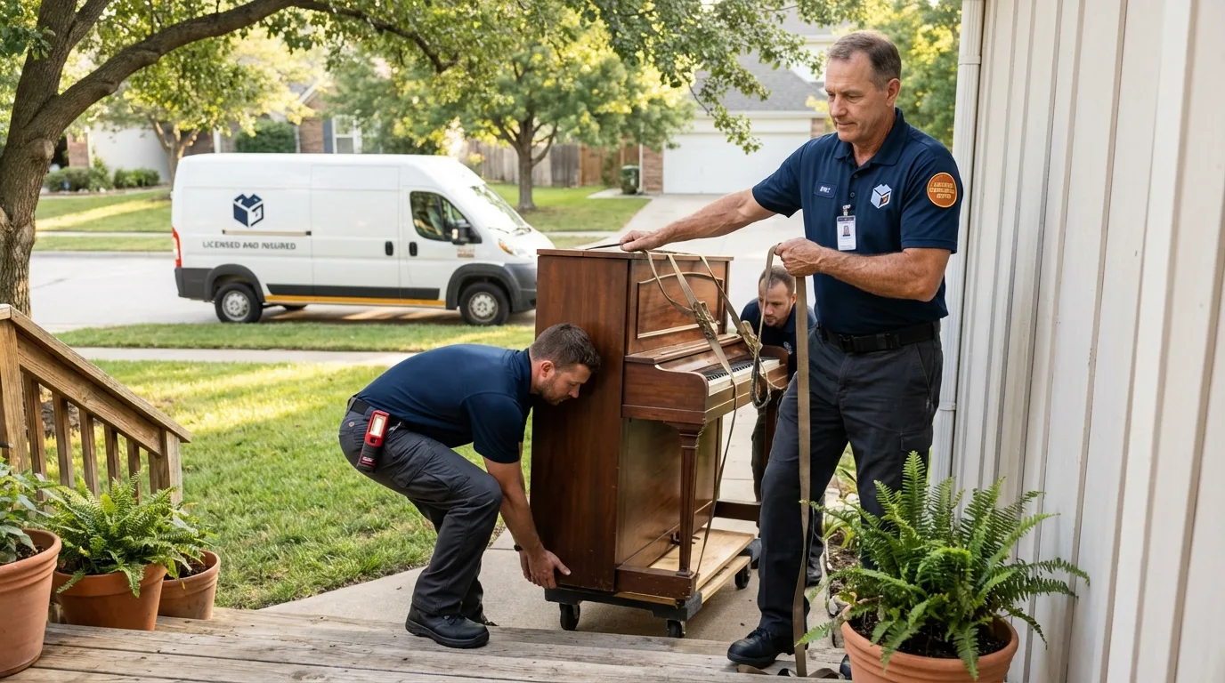 Licensed piano movers securing grand piano in Essex, MA