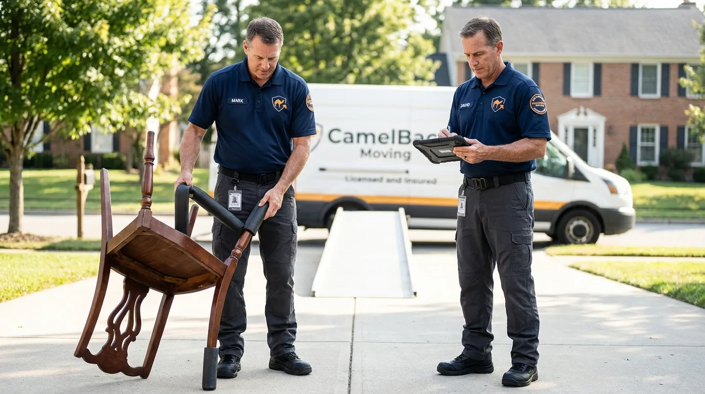 Movers inspecting furniture for damage prevention before loading in Essex, MA