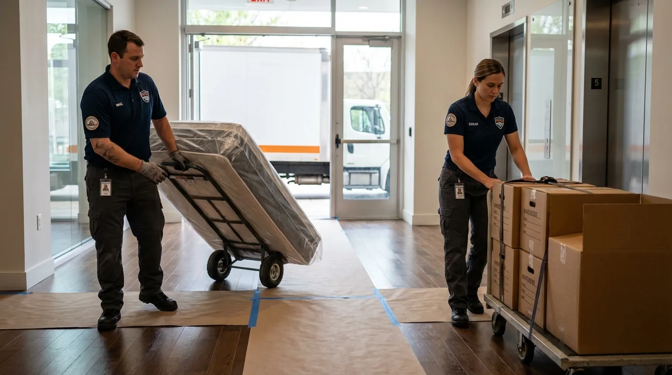 Professional apartment movers loading elevator in Essex, MA