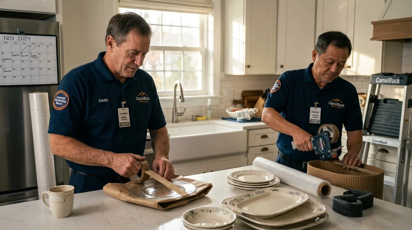 Professional crew packing kitchen dishware in Essex, MA